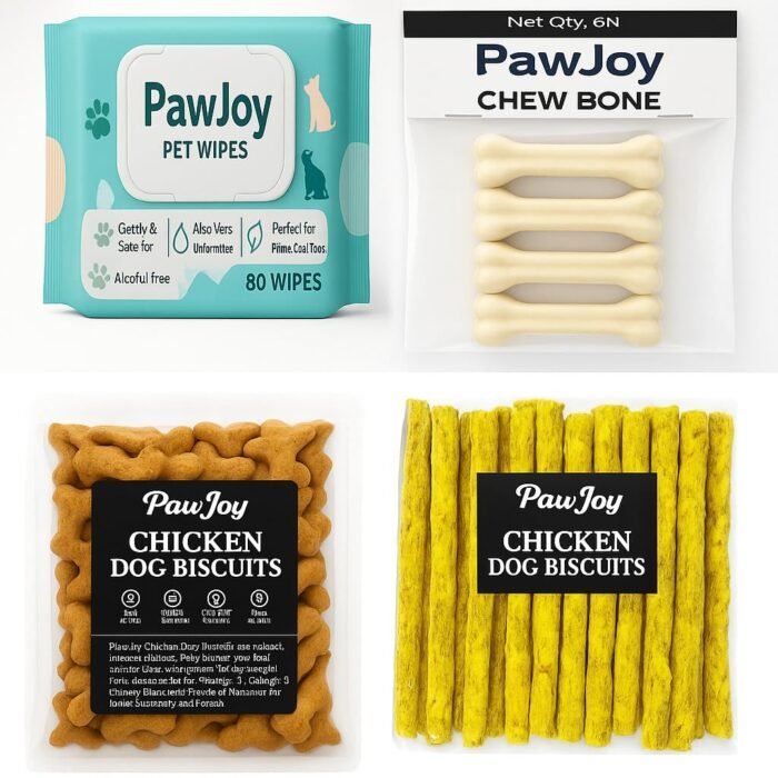 Pawjoy Pet Wipes(80 Pulls) + 3 Inch Dog Chew Bone 250Gms + Munchies 250 GMS + Dog Biscuit 500 Grams | All in one Gift for Your pet