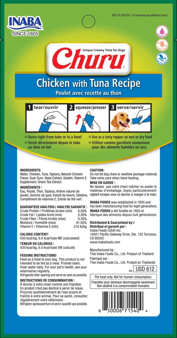 Inaba Dog Churu Chicken with Tuna Recipe | Wet Creamy Lickable Dog Treat |24 Tubes (Pack of 6, 56 GMS per Pack)